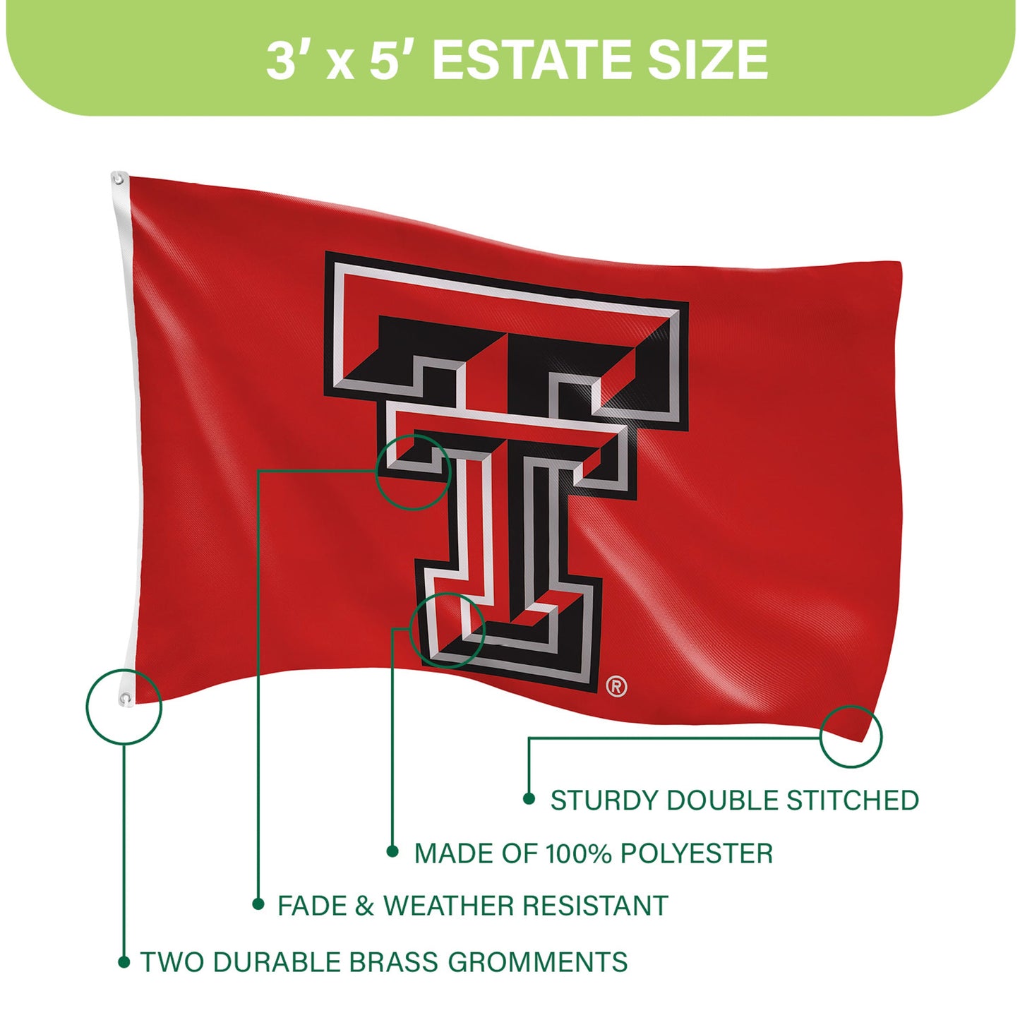 Texas Tech University estate flag red with TTU emblem two brass grommets 3'x5' on Tampa Home & Garden Store