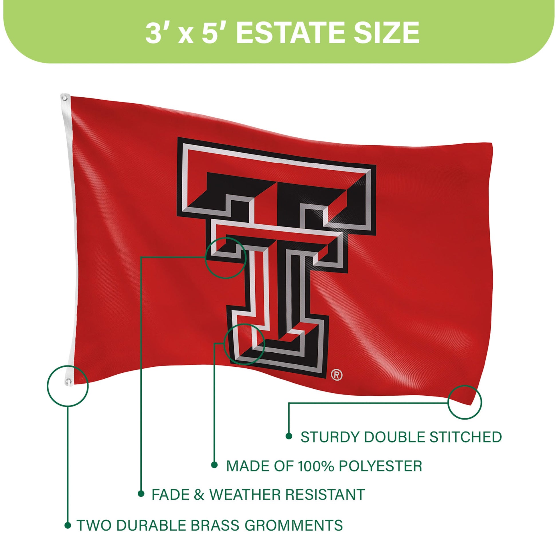 Texas Tech University estate flag red with TTU emblem two brass grommets 3'x5' on Tampa Home & Garden Store