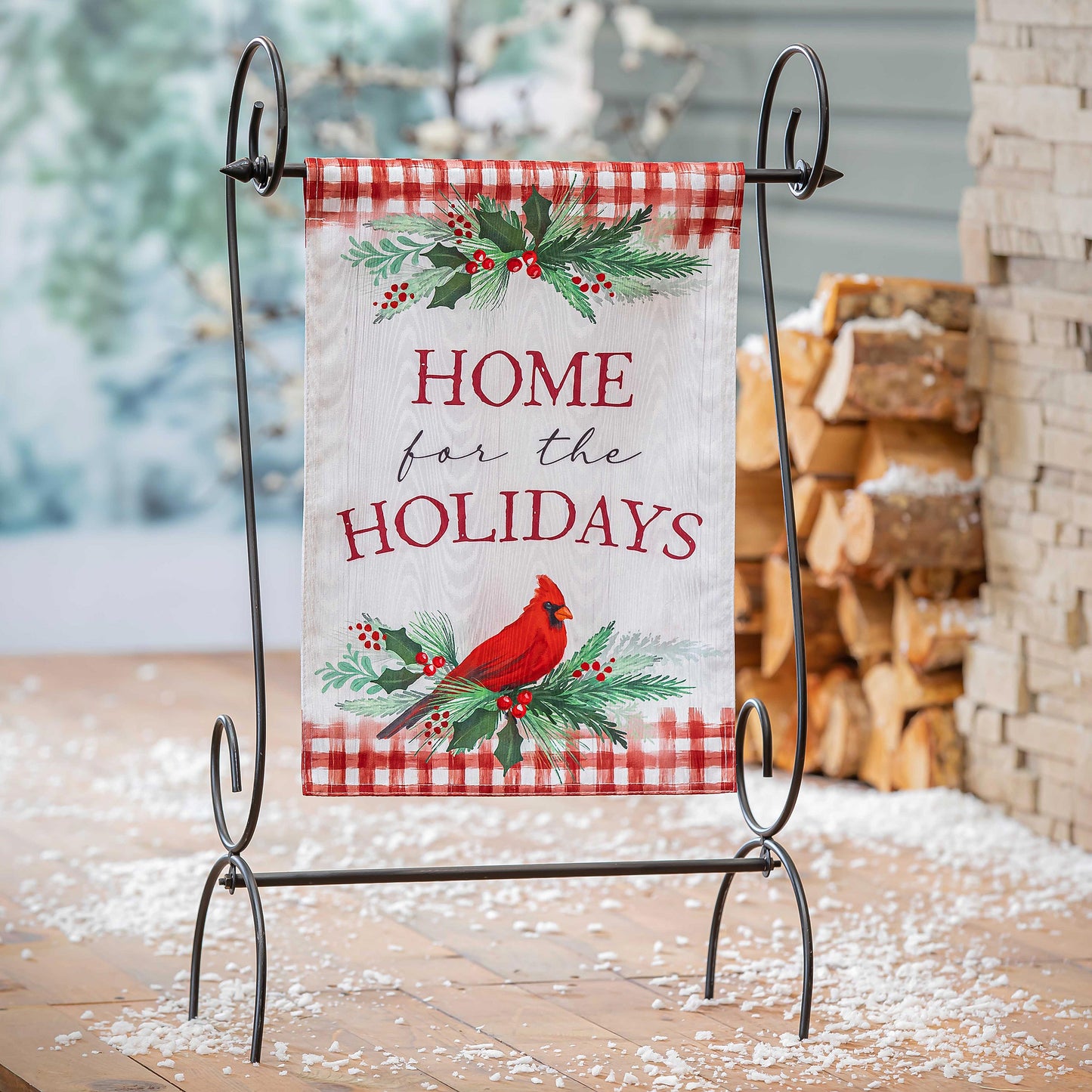Holiday Cardinal Moire Garden Flag by Evergreen Enterprises red gingham border with holly on Tampa Home & Garden Store