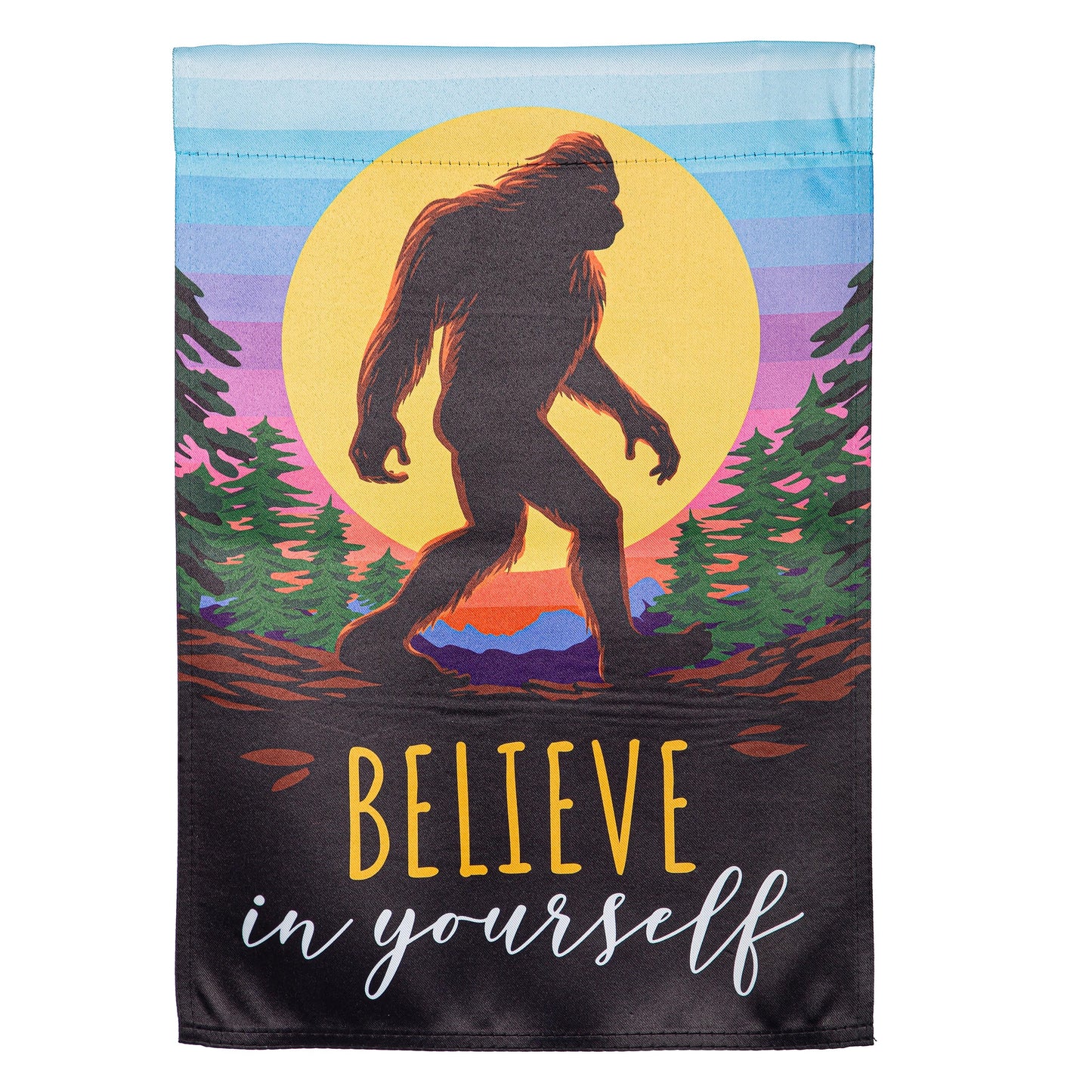 Big Foot Believe In Yourself suede garden flag with Sasquatch silhouette before a yellow sun on Tampa Home & Garden Store