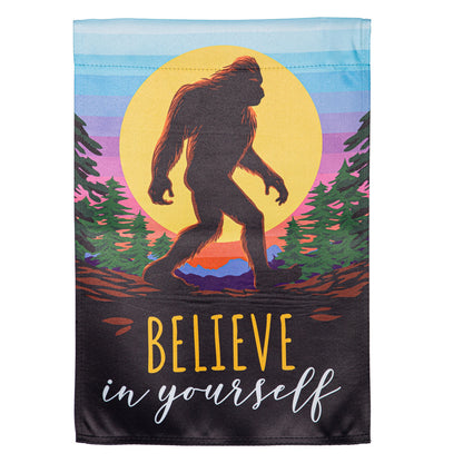 Big Foot Believe In Yourself suede garden flag with Sasquatch silhouette before a yellow sun on Tampa Home & Garden Store