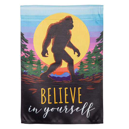 Big Foot Believe In Yourself suede garden flag with Sasquatch silhouette before a yellow sun on Tampa Home & Garden Store