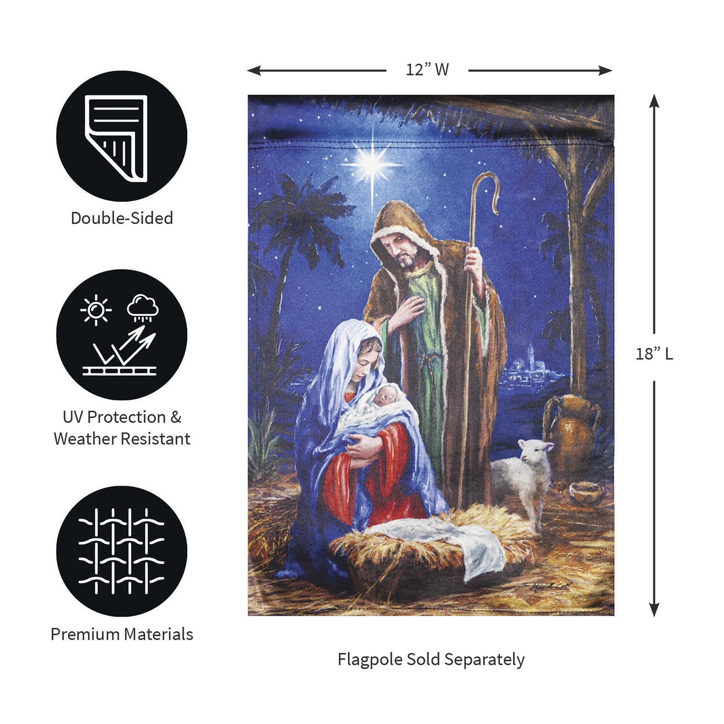 Holy Night Nativity Lustre Flag, 12W x 18L, double-sided, UV protected, weather resistant on Tampa Home & Garden Store