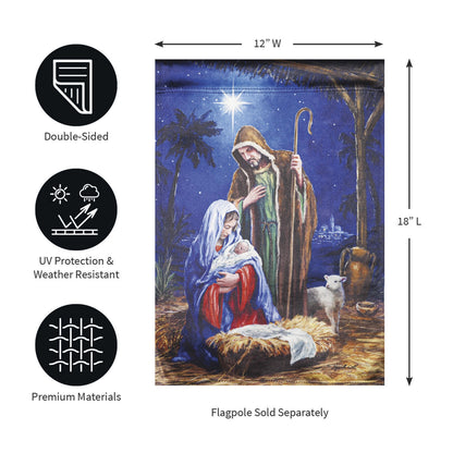 Holy Night Nativity Lustre Flag, 12W x 18L, double-sided, UV protected, weather resistant on Tampa Home & Garden Store