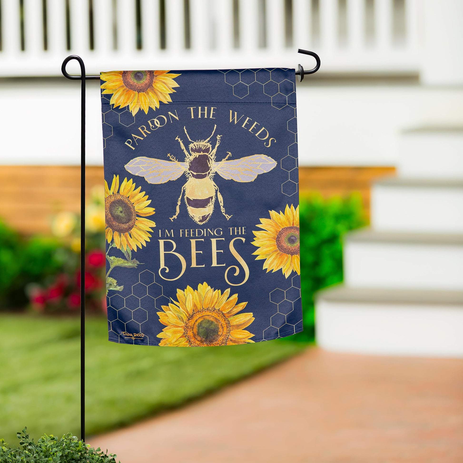Suede Cottage Garden flag navy with sunflowers, bee motif, honeycomb hex on metal stake on Tampa Home & Garden Store