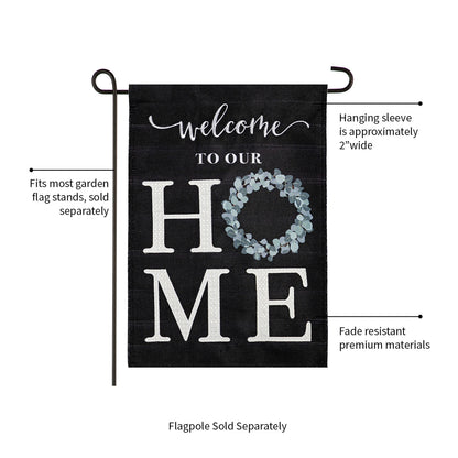 Eucalyptus Welcome Burlap Flag dark burlap, white eucalyptus wreath Evergreen Enterprises on Tampa Home & Garden Store
