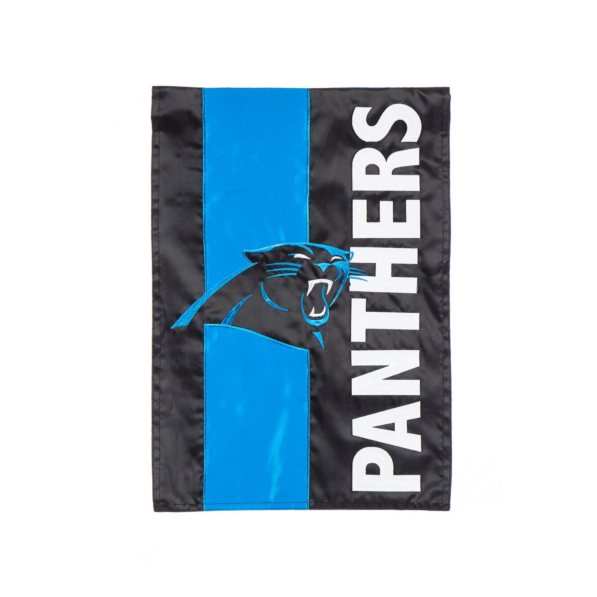 Carolina Panthers embellished garden flag with black field, blue stripe and white logo on Tampa Home & Garden Store