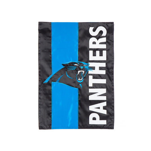 Carolina Panthers embellished garden flag with black field, blue stripe and white logo on Tampa Home & Garden Store