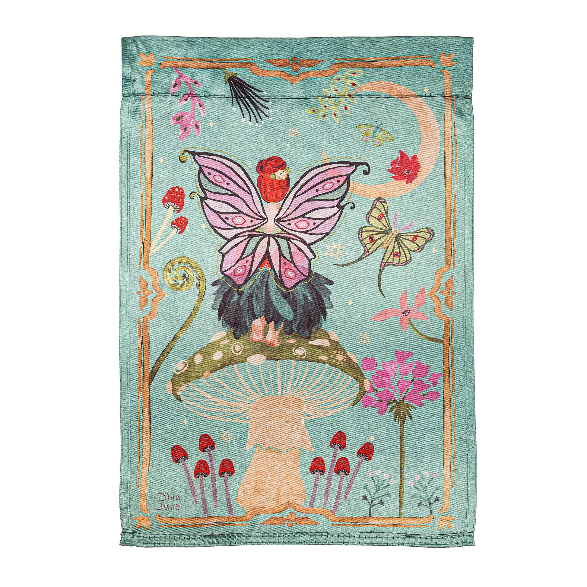 Fairy Wonderland Reversible Lustre Garden Flag teal with butterfly motif on Tampa Home & Garden Store