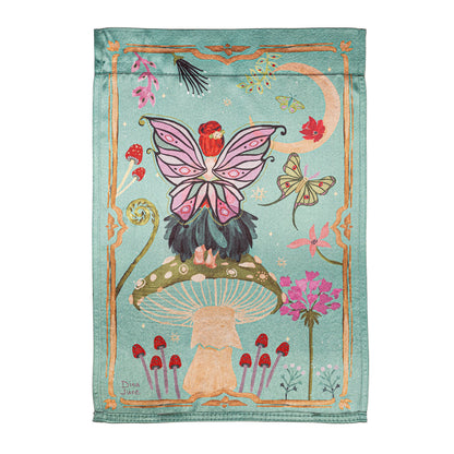 Fairy Wonderland Reversible Lustre Garden Flag teal with butterfly motif on Tampa Home & Garden Store