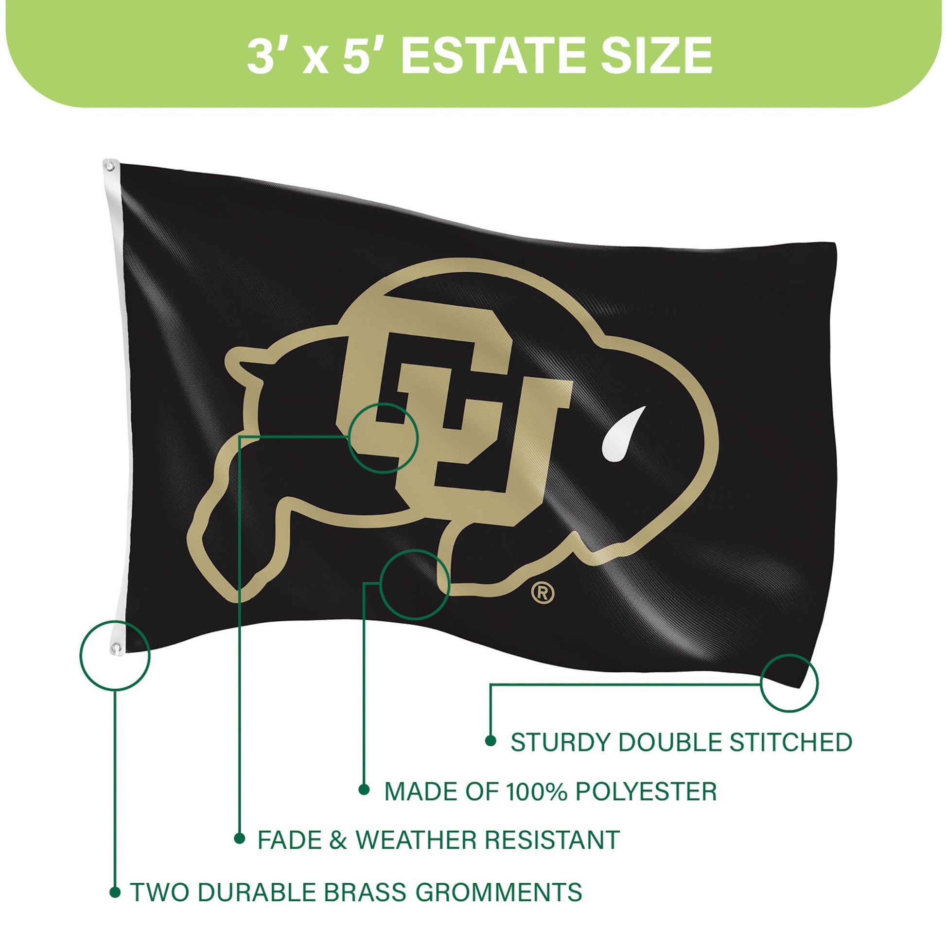 University of Colorado flag 3x5, black polyester with gold crest, single-sided sublimated flag with two grommets on Tampa Home & Garden Store