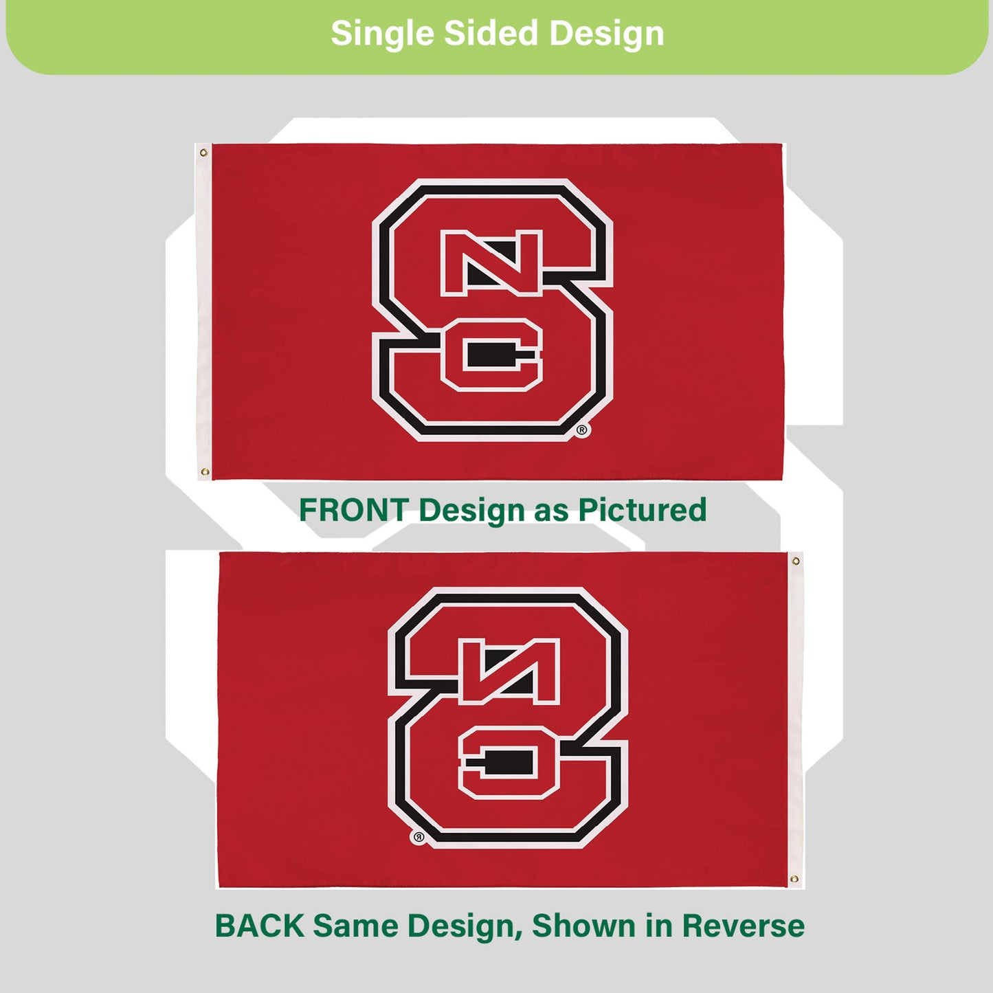 North Carolina State Univ red 3x5 sublimated flag with NC State logo, 2 grommets, single-sided on Tampa Home & Garden Store