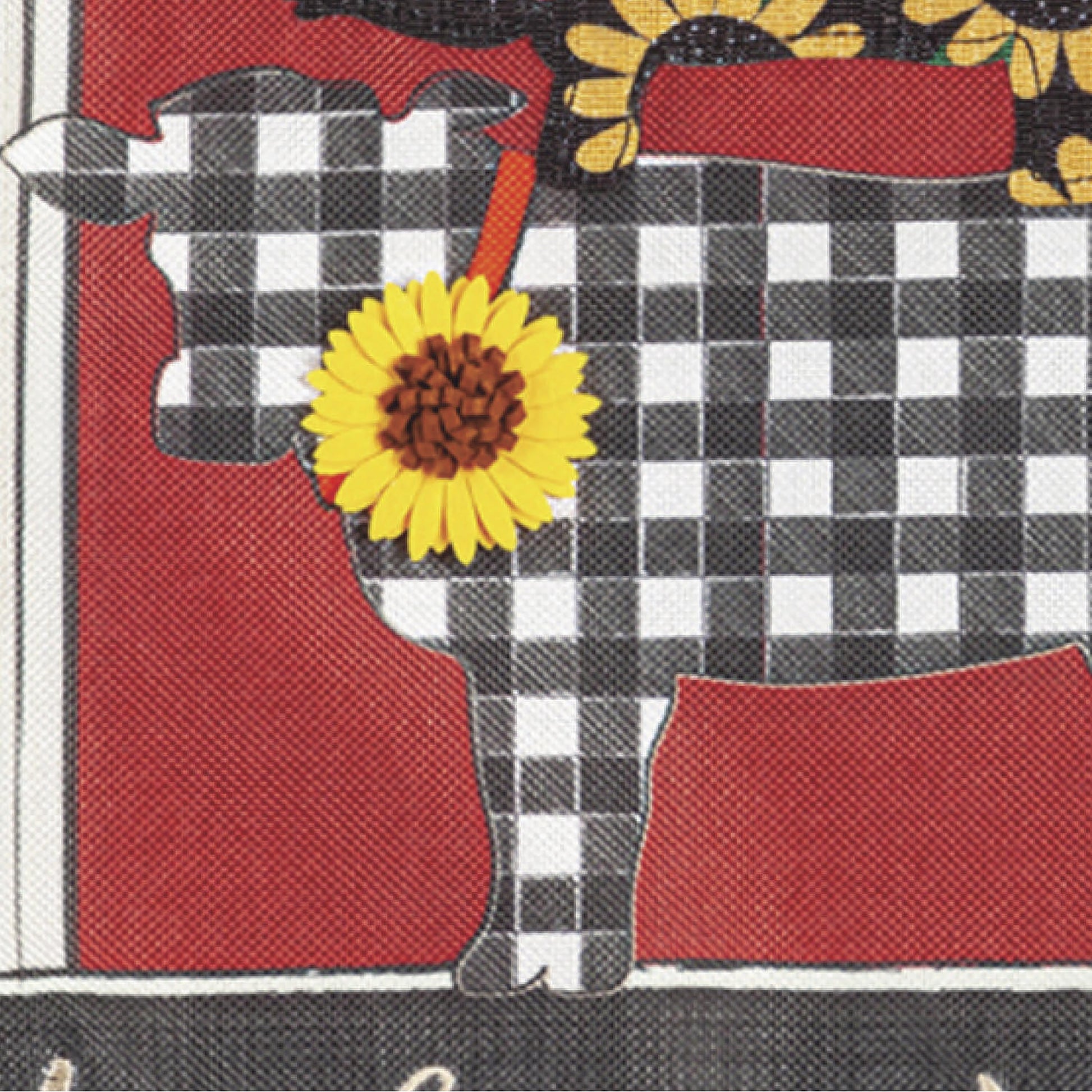 Farm Friends Burlap Garden Flag sunflower motif on red backdrop with checkered border on Tampa Home & Garden Store