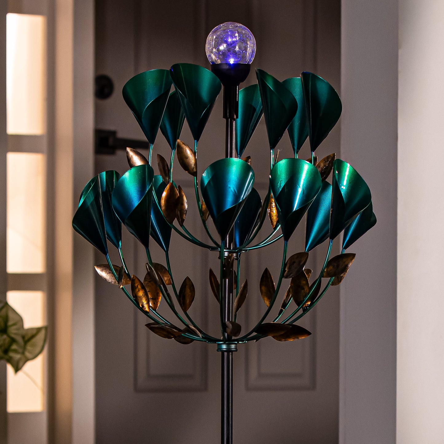 Solar Wind Spinner Calla Lily 74H emerald-green leaves glass LED sphere Evergreen Enterprises on Tampa Home & Garden Store