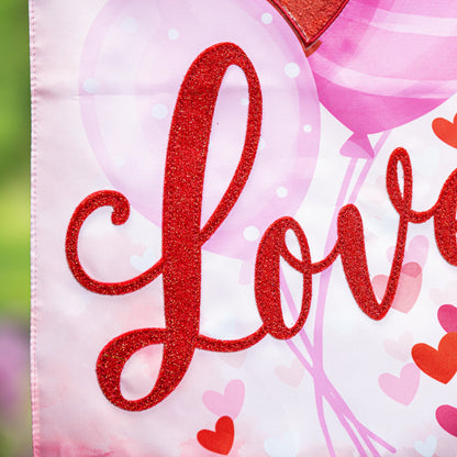 Valentine Love Balloon Applique Garden Flag pink backdrop with red glitter lettering Evergreen on Tampa Home & Garden Store