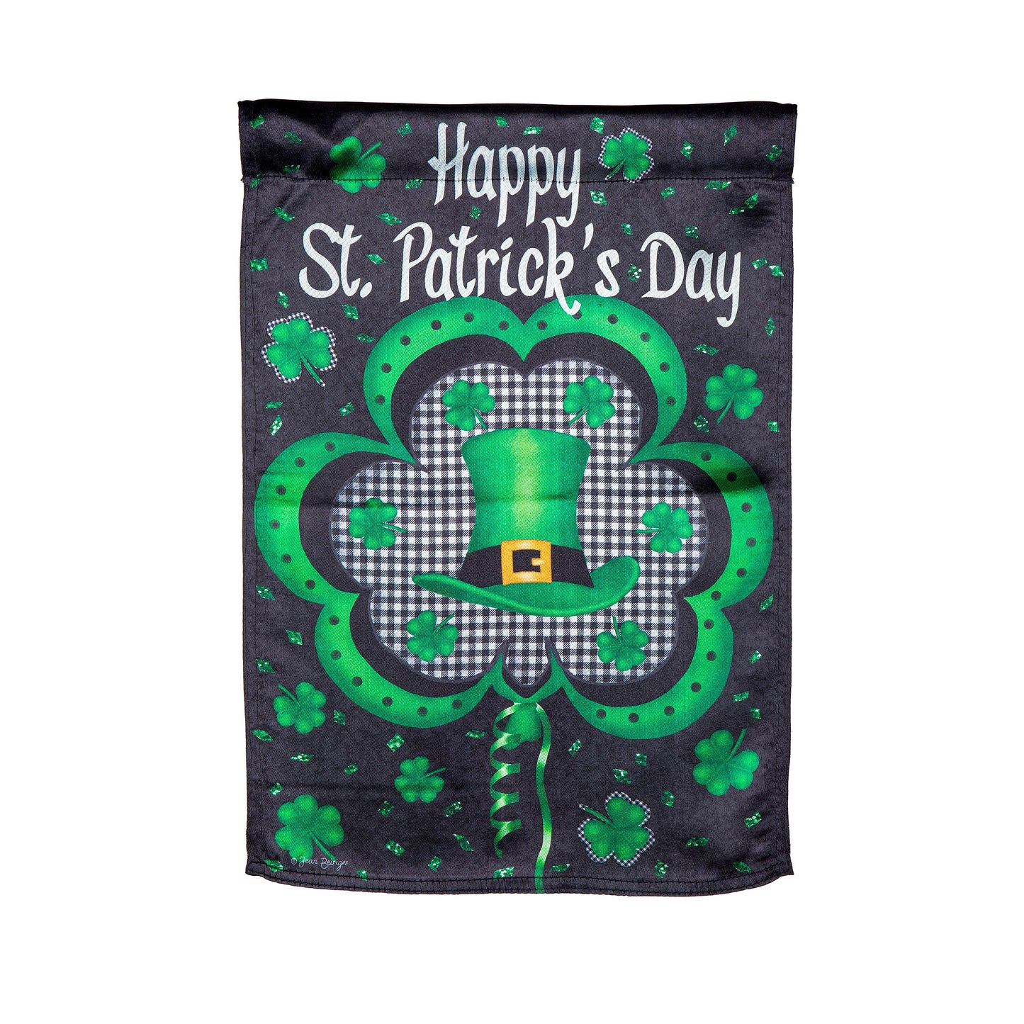 Welcome St. Pats Lustre Garden Flag dark background with script and green shamrocks gingham on Tampa Home & Garden Store