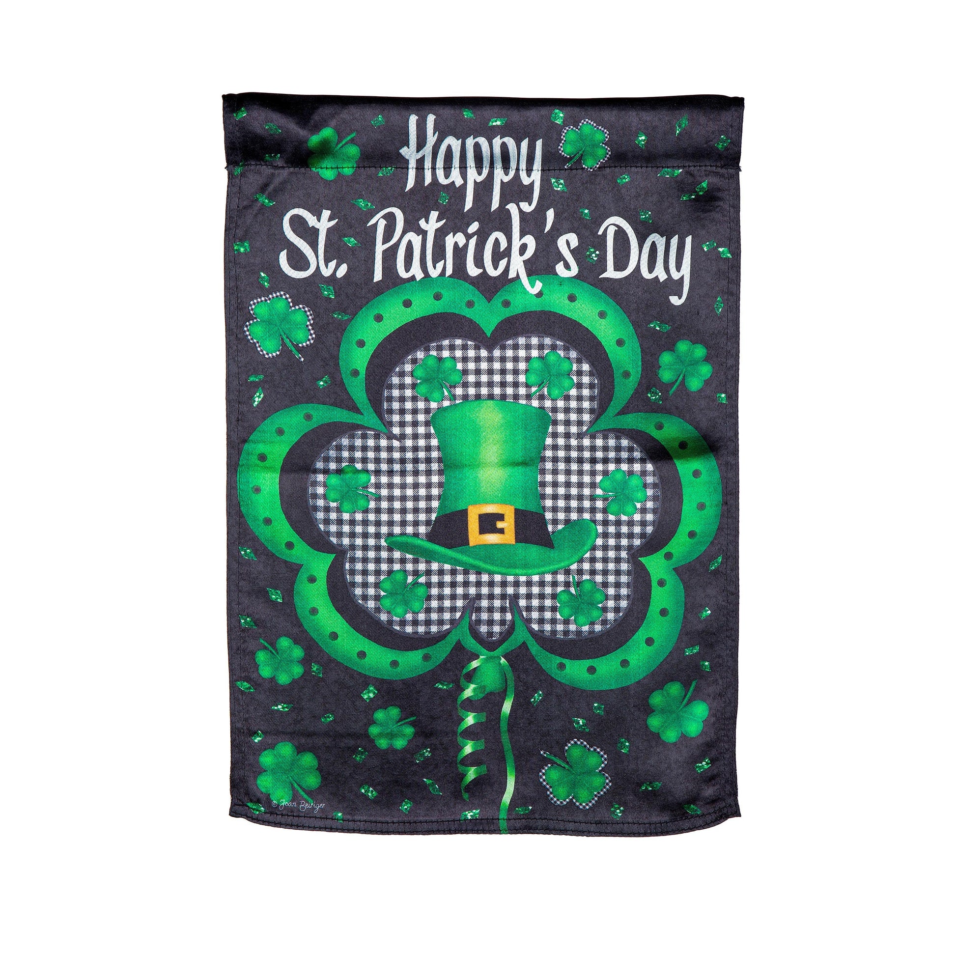 Welcome St. Pats Lustre Garden Flag dark background with script and green shamrocks gingham on Tampa Home & Garden Store