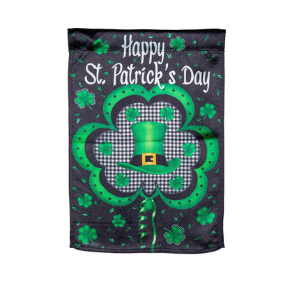 Welcome St. Pats Lustre Garden Flag dark background with script and green shamrocks gingham on Tampa Home & Garden Store