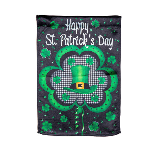 Welcome St. Pats Lustre Garden Flag dark background with script and green shamrocks gingham on Tampa Home & Garden Store