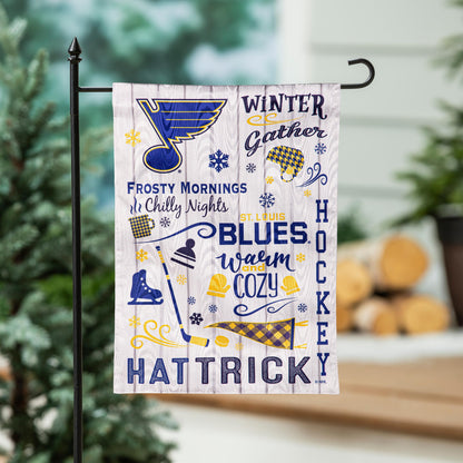 Moire Flag St. Louis Blues on cream background with blue logo and winter motifs on Tampa Home & Garden Store