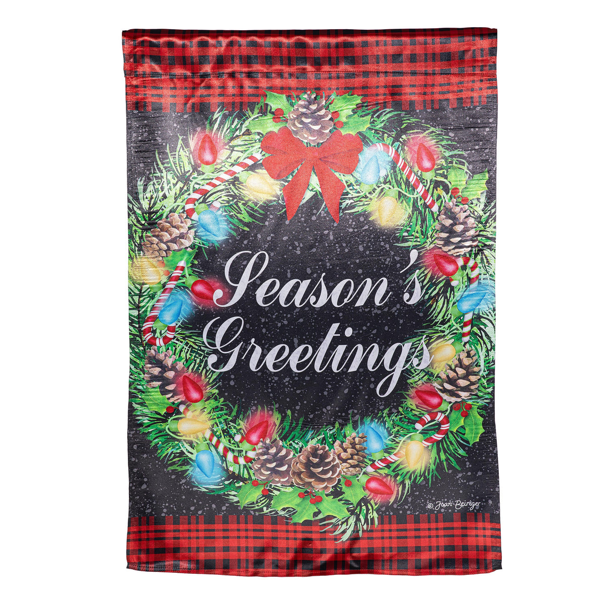 Season's Greeting Lustre House Flag Evergreen Enterprises wreaths candy canes red plaid border on Tampa Home & Garden Store