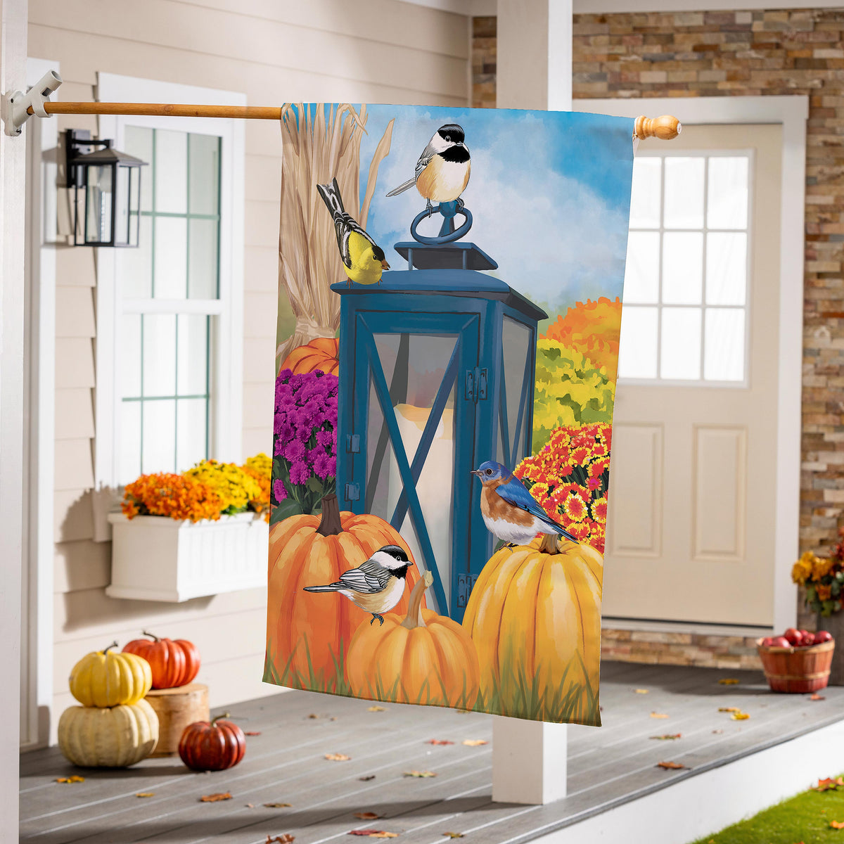 Harvest Lantern Suede House Flag by Evergreen Enterprises with pumpkins and birds on Tampa Home & Garden Store