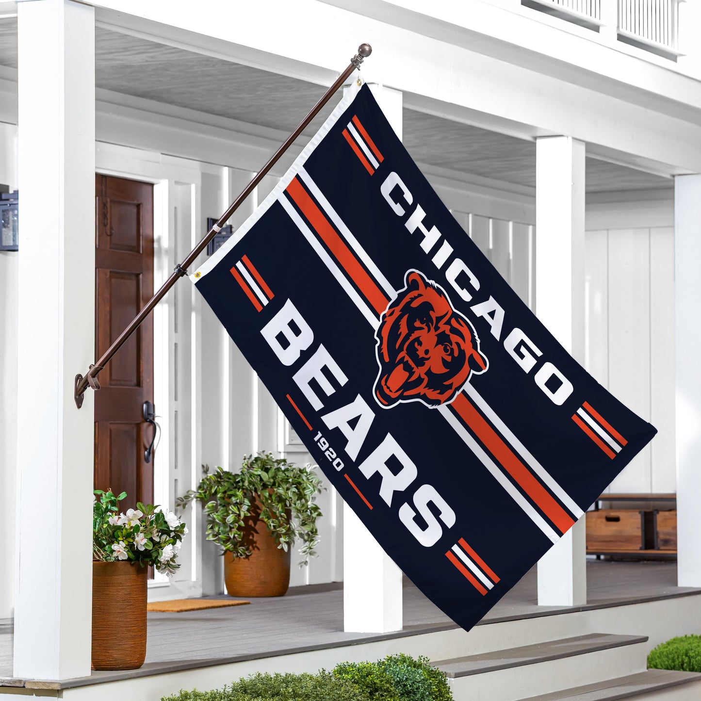 Chicago Bears estate flag 3x5, single sided, 2 grommets, navy with orange stripes on Tampa Home & Garden Store