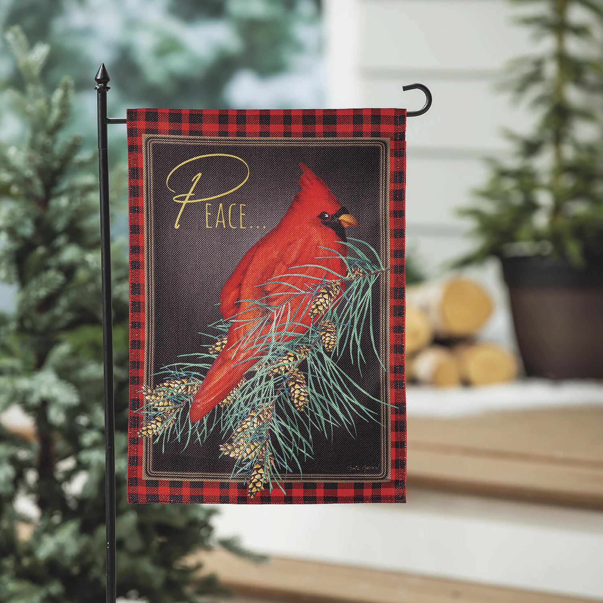 Cardinal Peace Burlap Garden Flag with red buffalo plaid border and cardinal artwork on Tampa Home & Garden Store