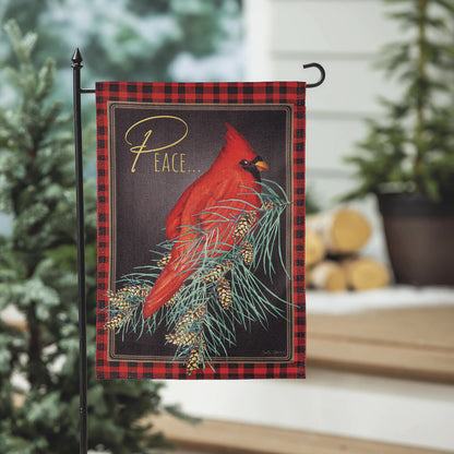 Cardinal Peace Burlap Garden Flag with red buffalo plaid border and cardinal artwork on Tampa Home & Garden Store