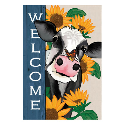 Mooove Over For Fall Suede Garden Flag cow with sunflowers on blue post burlap background on Tampa Home & Garden Store