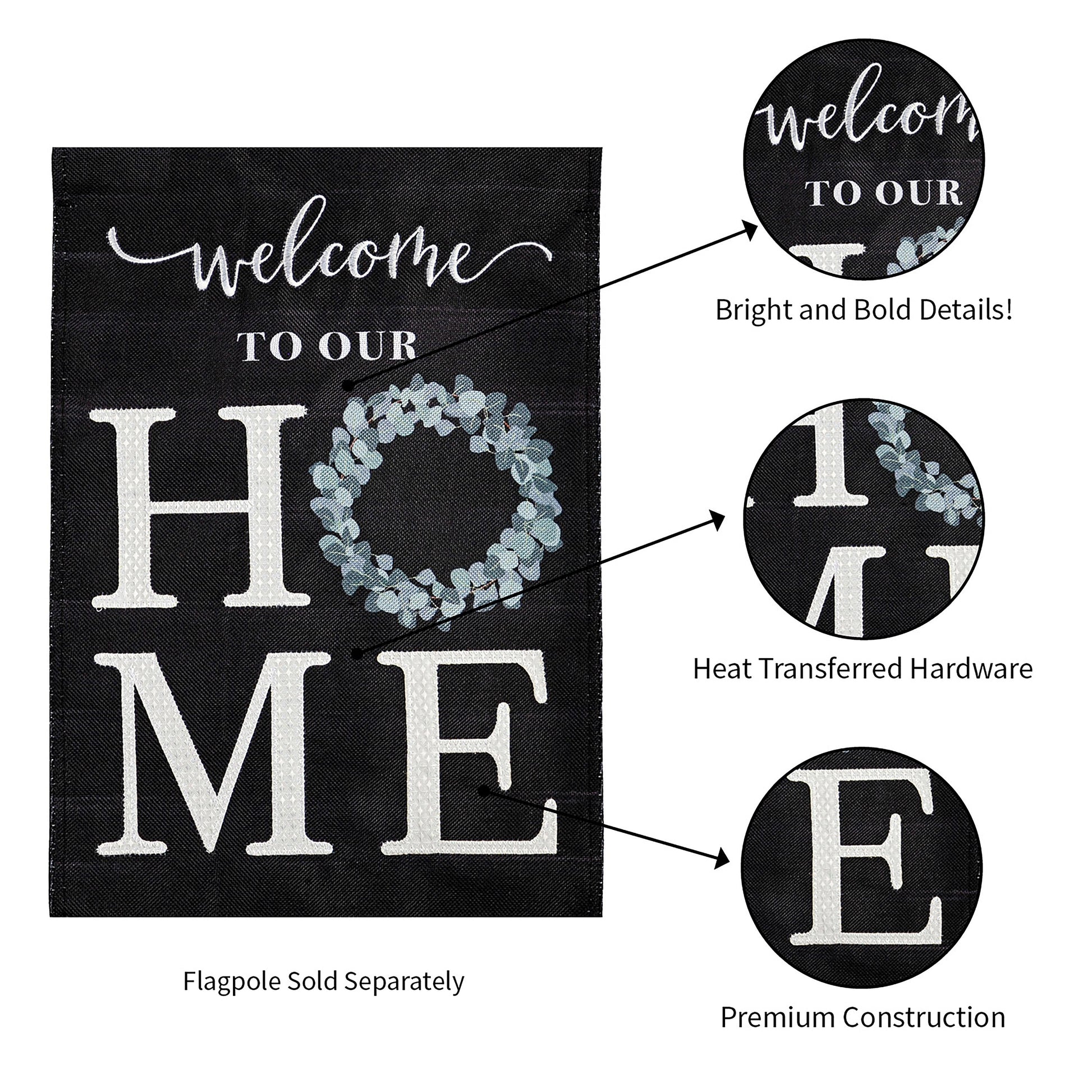 Burlap Welcome garden flag with script and eucalyptus wreath on black by Evergreen Enterprises on Tampa Home & Garden Store