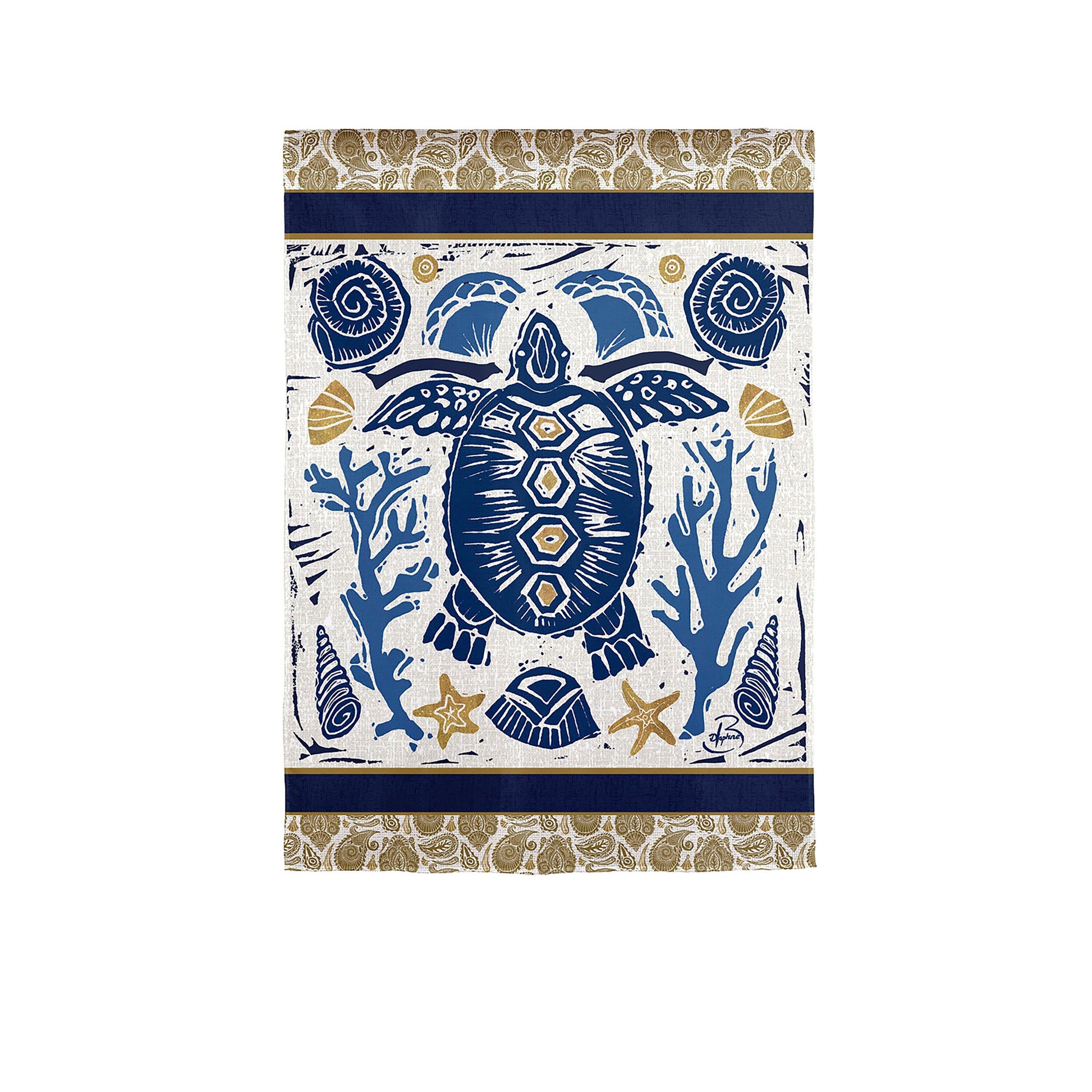 Primitive Sea Garden Suede Flag with navy stripe and beige borders; blue turtle motif on Tampa Home & Garden Store
