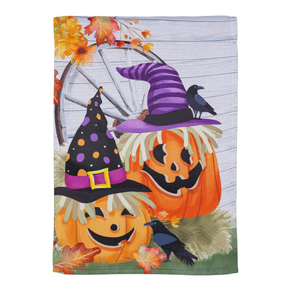 Couple Of Jacks Pumpkin Suede Garden Flag by Evergreen Enterprises - Wholesale Collective, autumn pumpkins and purple striped witch hat on Tampa Home & Garden Store
