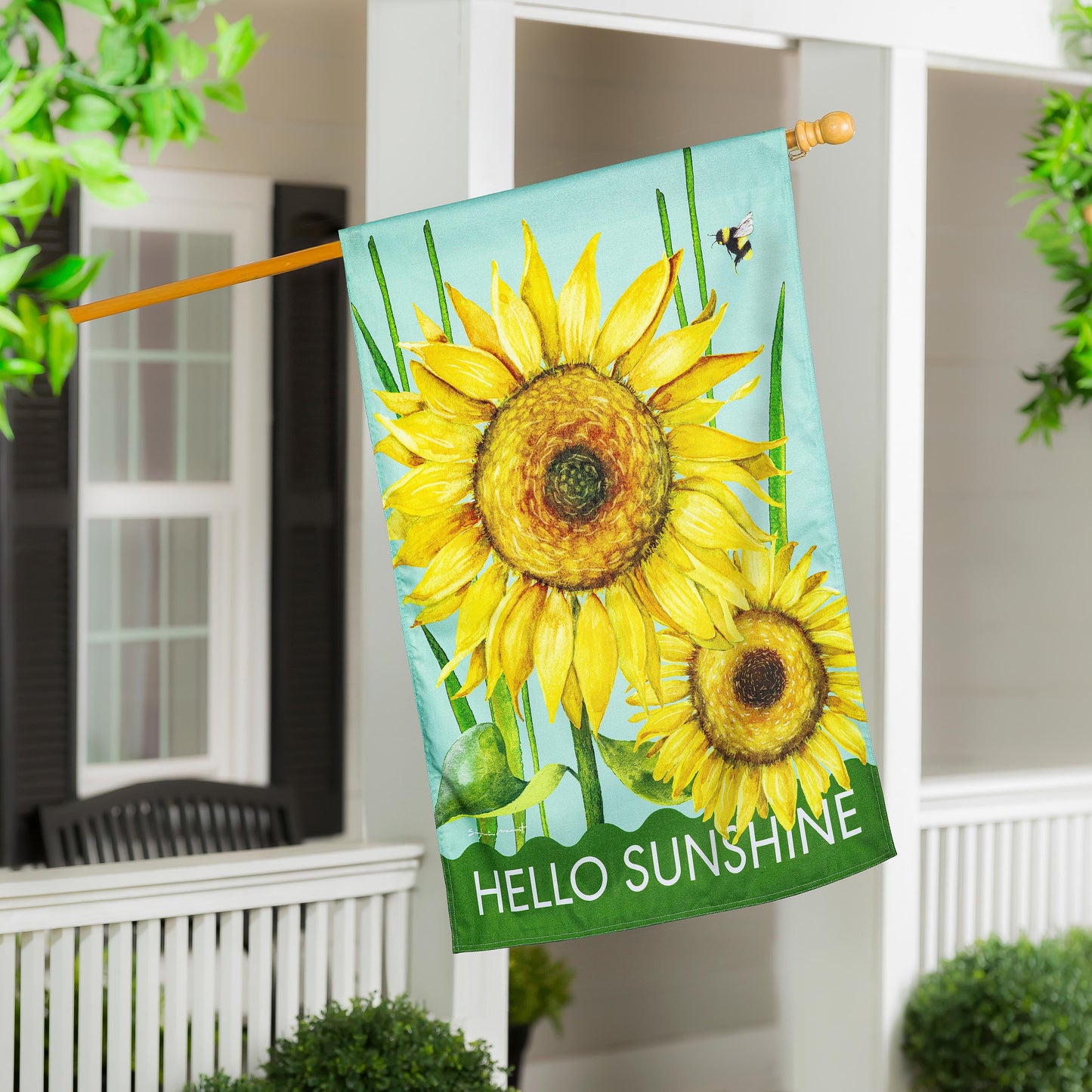 Hello Sunshine Burlap House Flag sunflower print on teal background by Evergreen Enterprises on Tampa Home & Garden Store