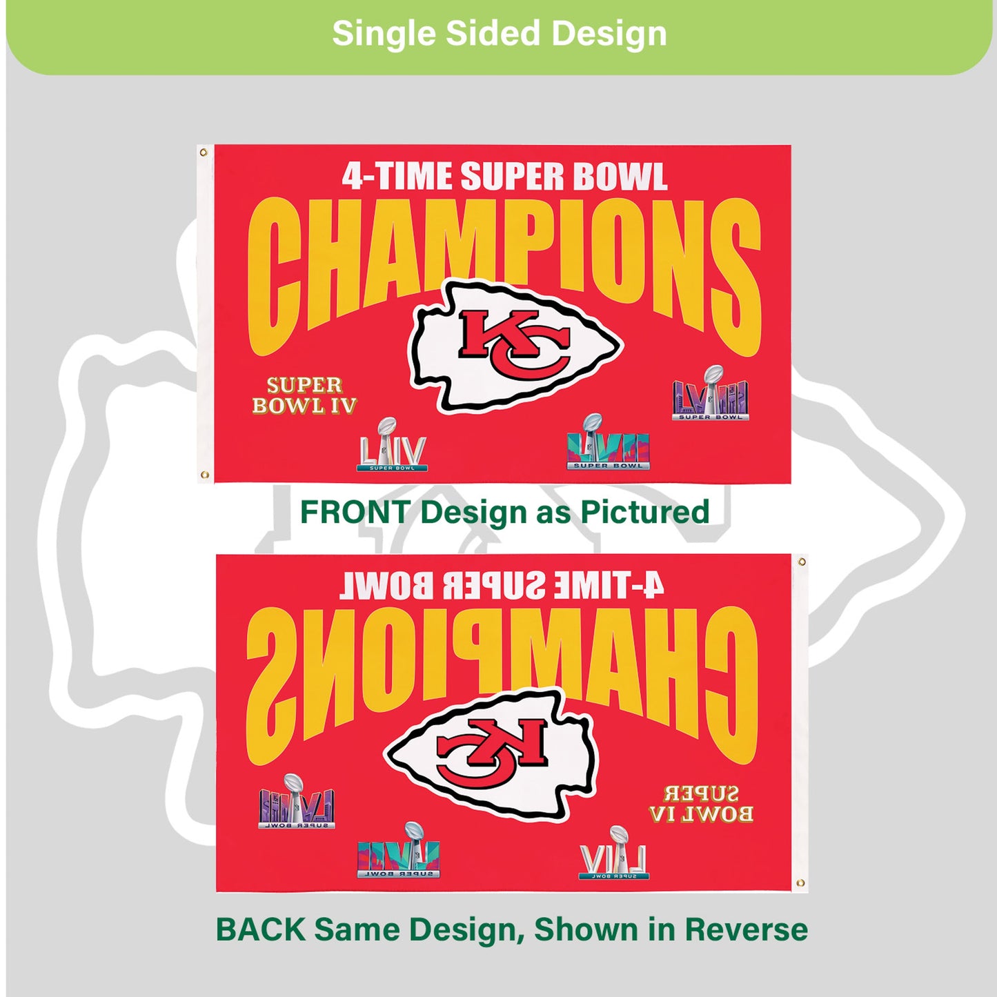 Chiefs 3x5 sublimated flag red field with 4-time Super Bowl Champions and KC logo on Tampa Home & Garden Store