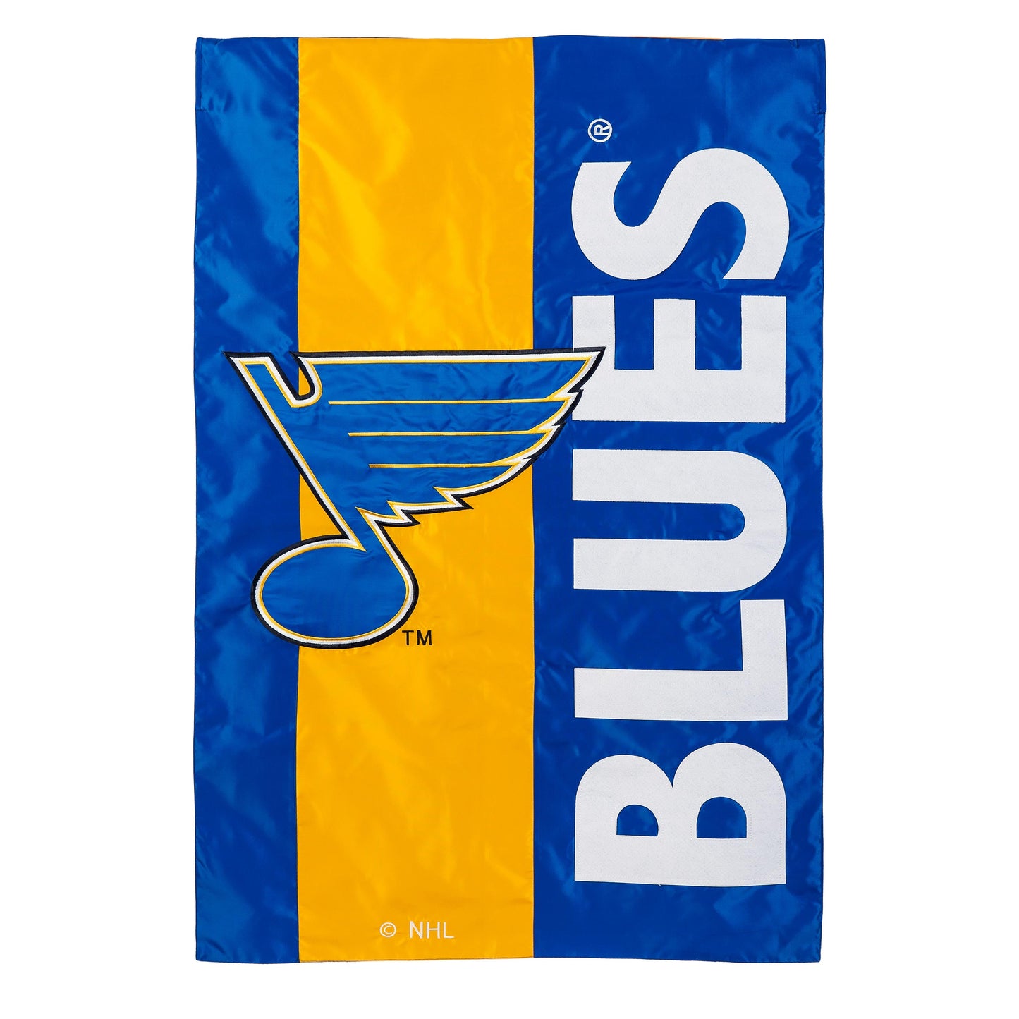 St Louis Blues embellished garden flag, blue and yellow sublimated flag with Blues logo on Tampa Home & Garden Store