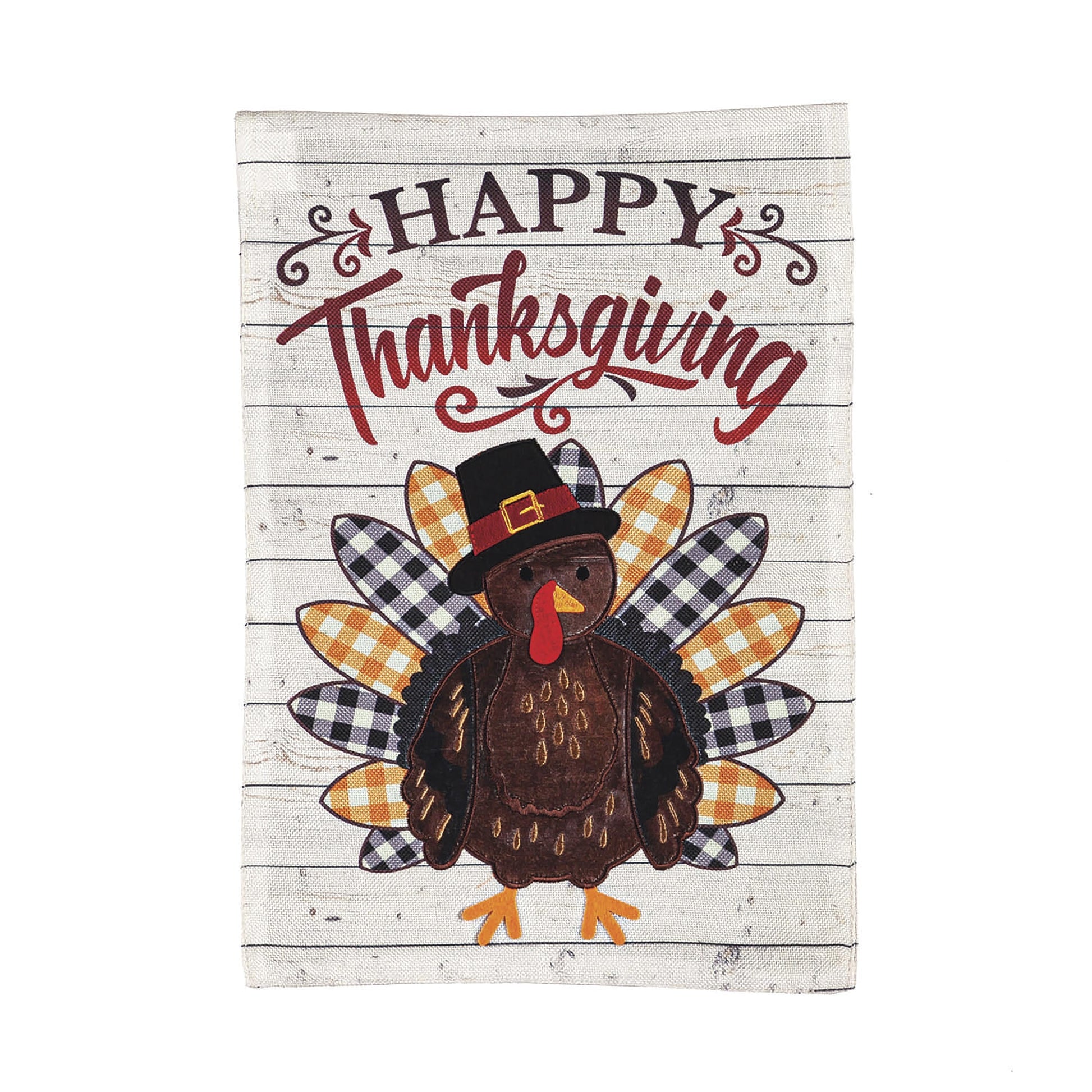 Pilgrim Turkey Burlap Flag with rustic wood background and Happy Thanksgiving script on Tampa Home & Garden Store