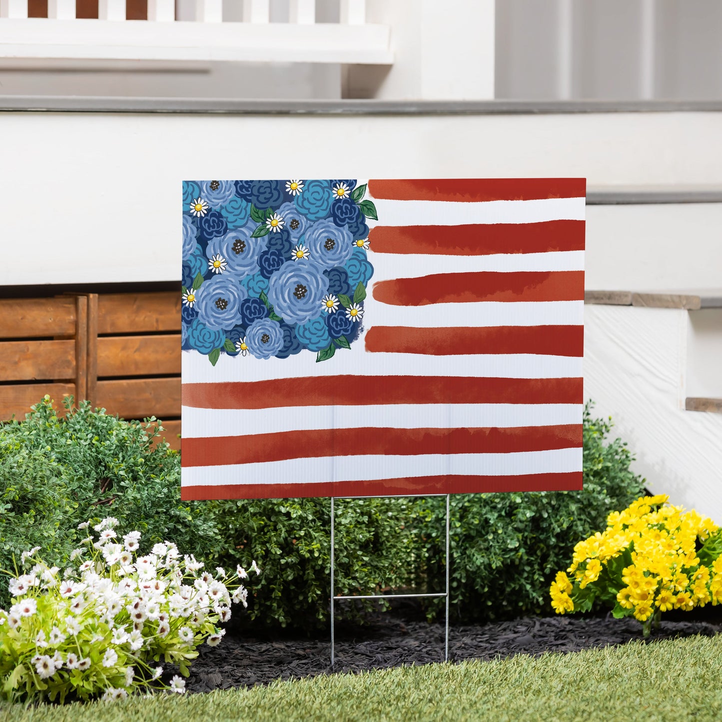 American Classic Blooming Americana Yard Sign with blue florals and red stripes on Tampa Home & Garden Store