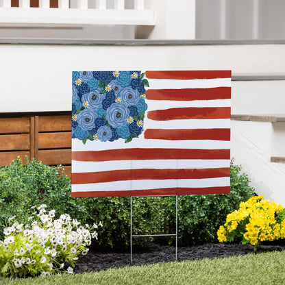 American Classic Blooming Americana Yard Sign with blue florals and red stripes on Tampa Home & Garden Store