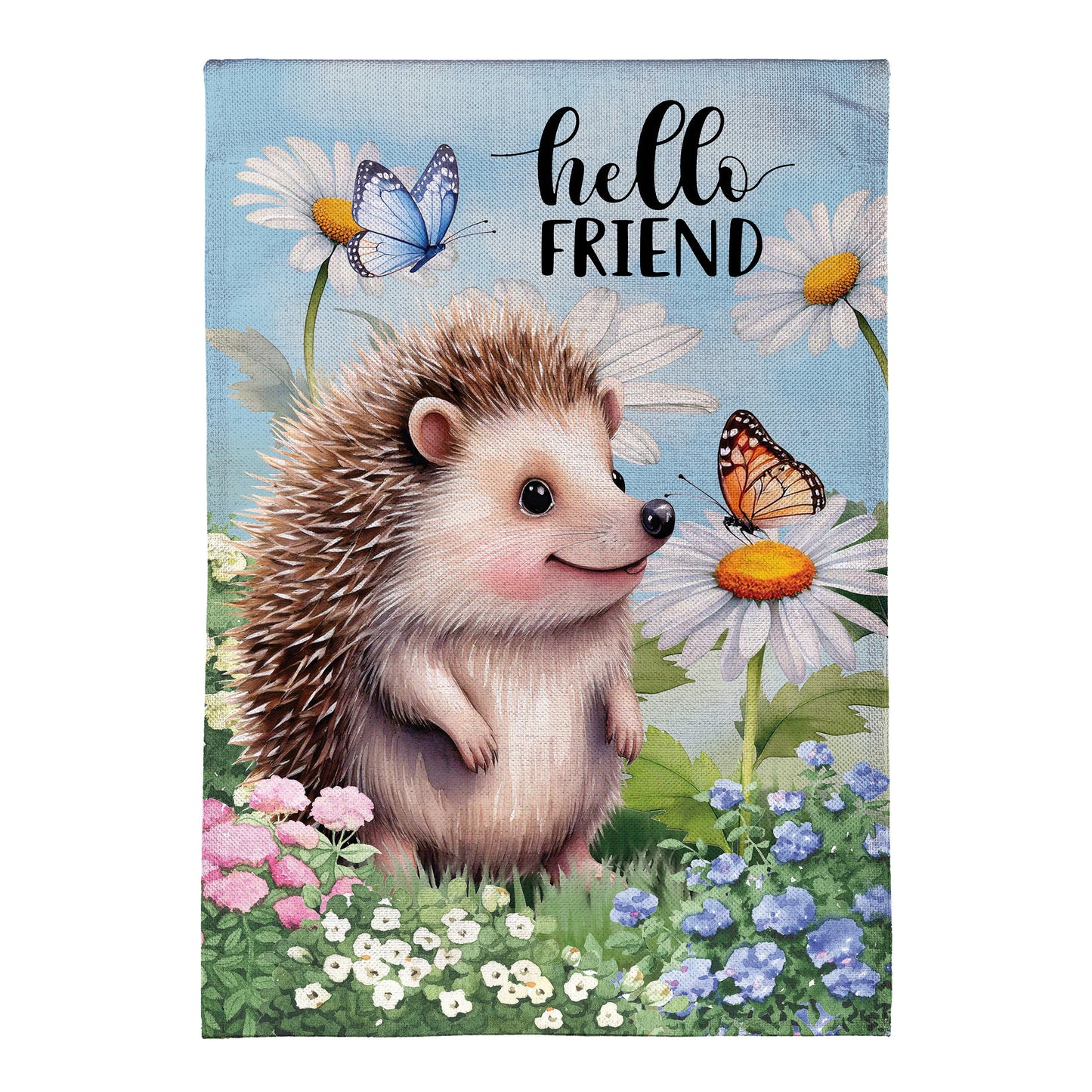 Hedgehog & Daisies Burlap Garden Flag with blue background, daisies, butterfly and hedgehog on Tampa Home & Garden Store