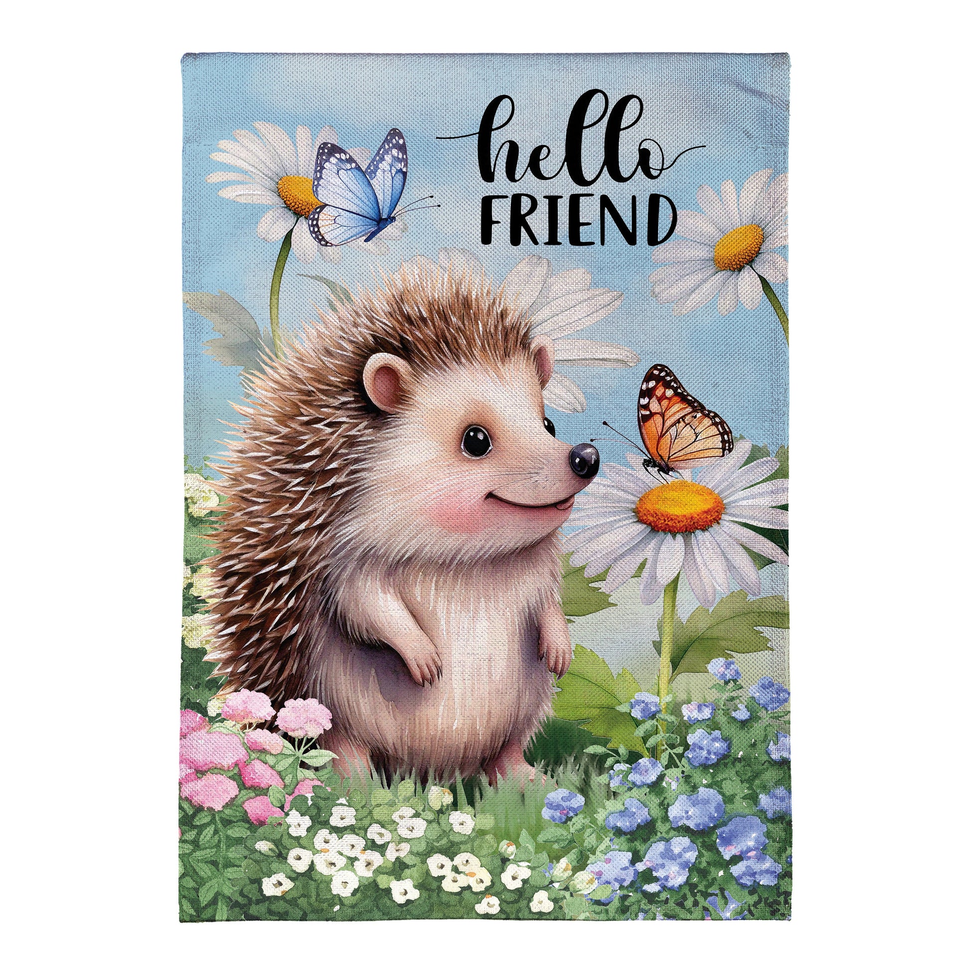 Hedgehog & Daisies Burlap Garden Flag with blue background, daisies, butterfly and hedgehog on Tampa Home & Garden Store