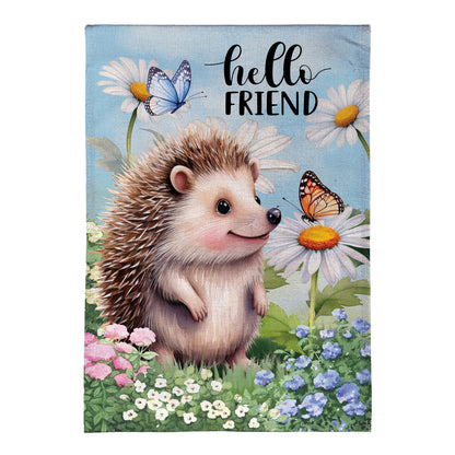 Hedgehog & Daisies Burlap Garden Flag with blue background, daisies, butterfly and hedgehog on Tampa Home & Garden Store