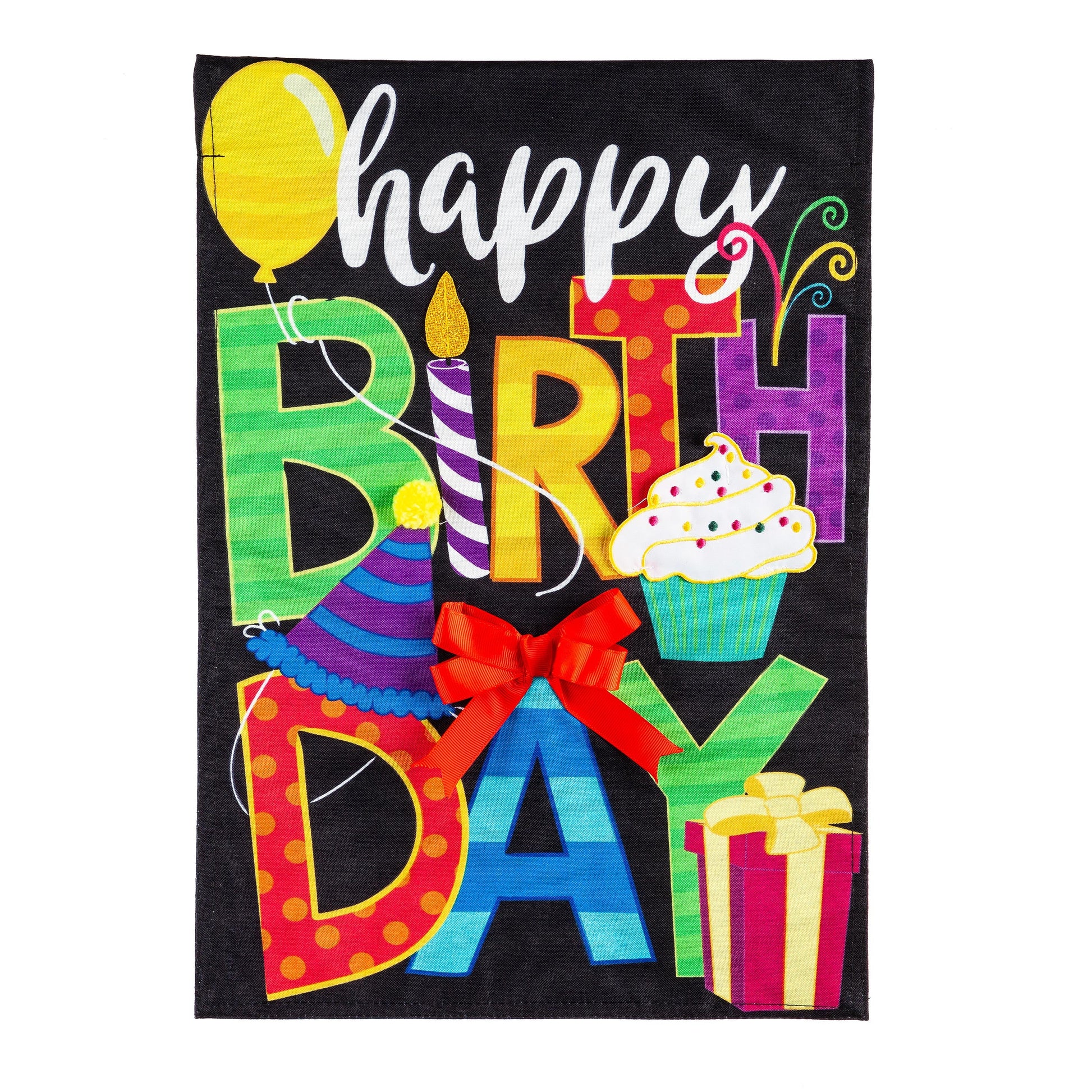 Happy Birthday Burlap Garden Flag bold colorful letters with cupcakes on black burlap on Tampa Home & Garden Store
