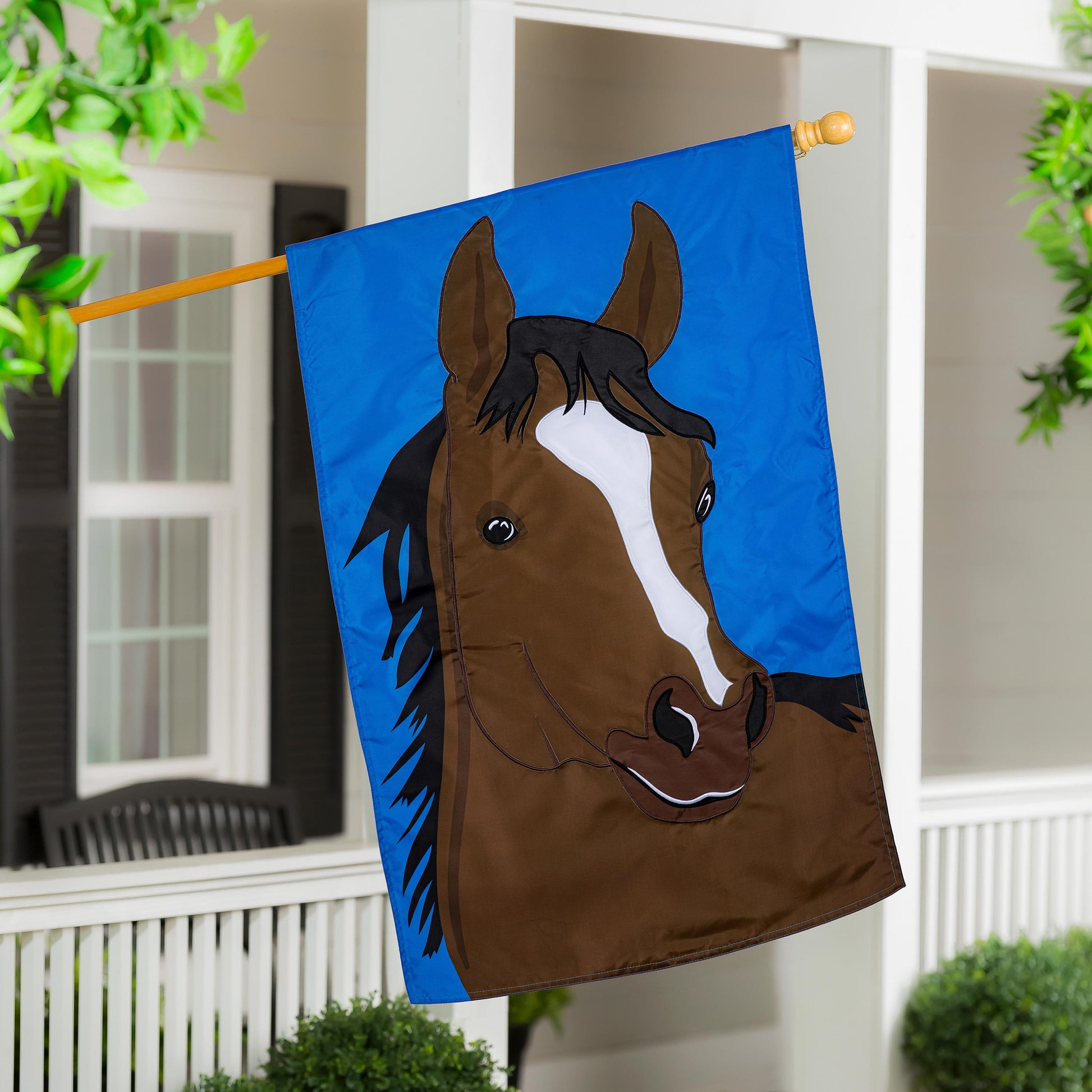 Single Horse Basic Applique House Flag blue background with brown horse head applique on Tampa Home & Garden Store