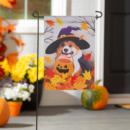 Corgi Fall Suede Garden Flag with autumn leaves, pumpkins, and a witch hat on a stake on Tampa Home & Garden Store