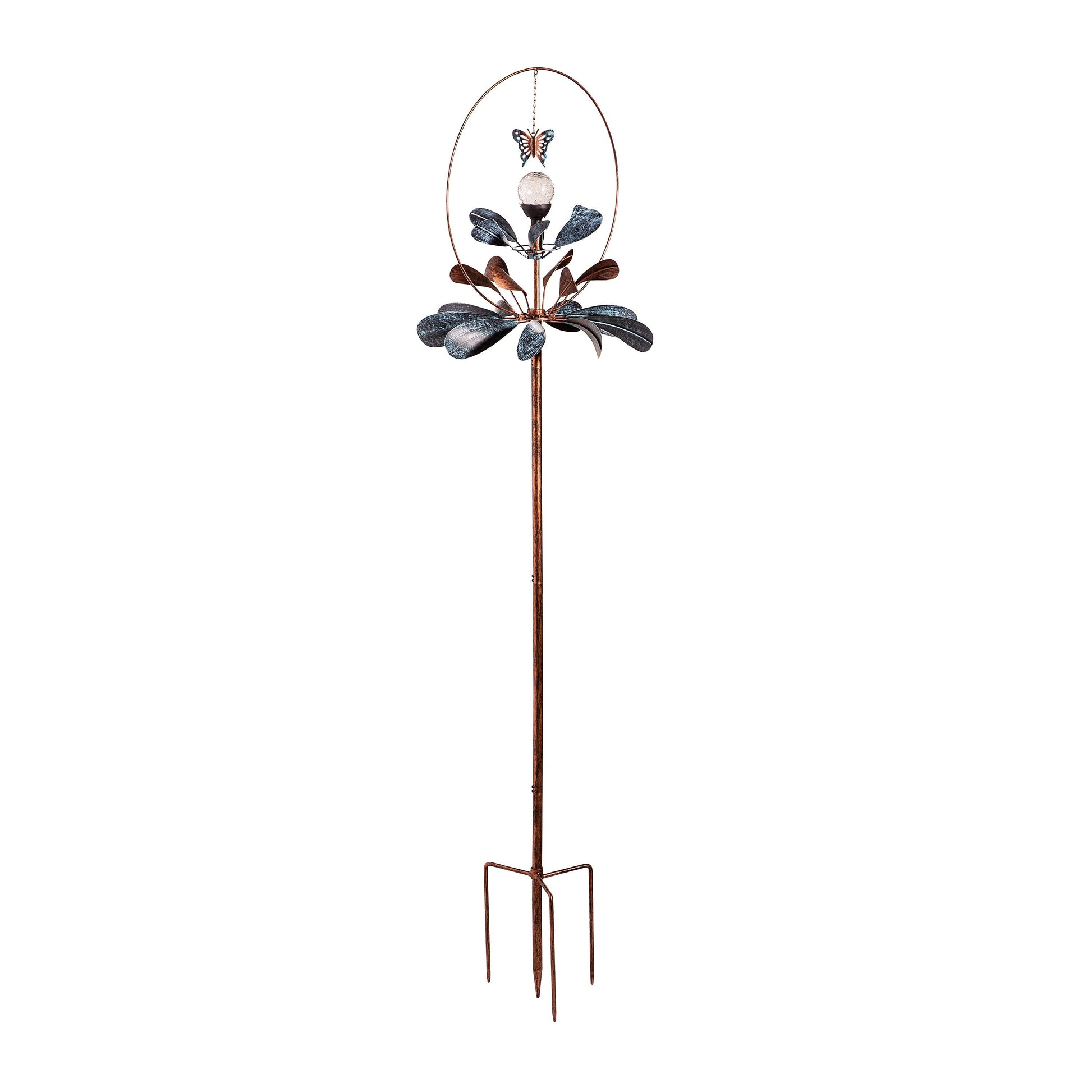 Solar Wind Spinner Sphere Flower copper finish butterfly accent Evergreen Enterprises on Tampa Home & Garden Store