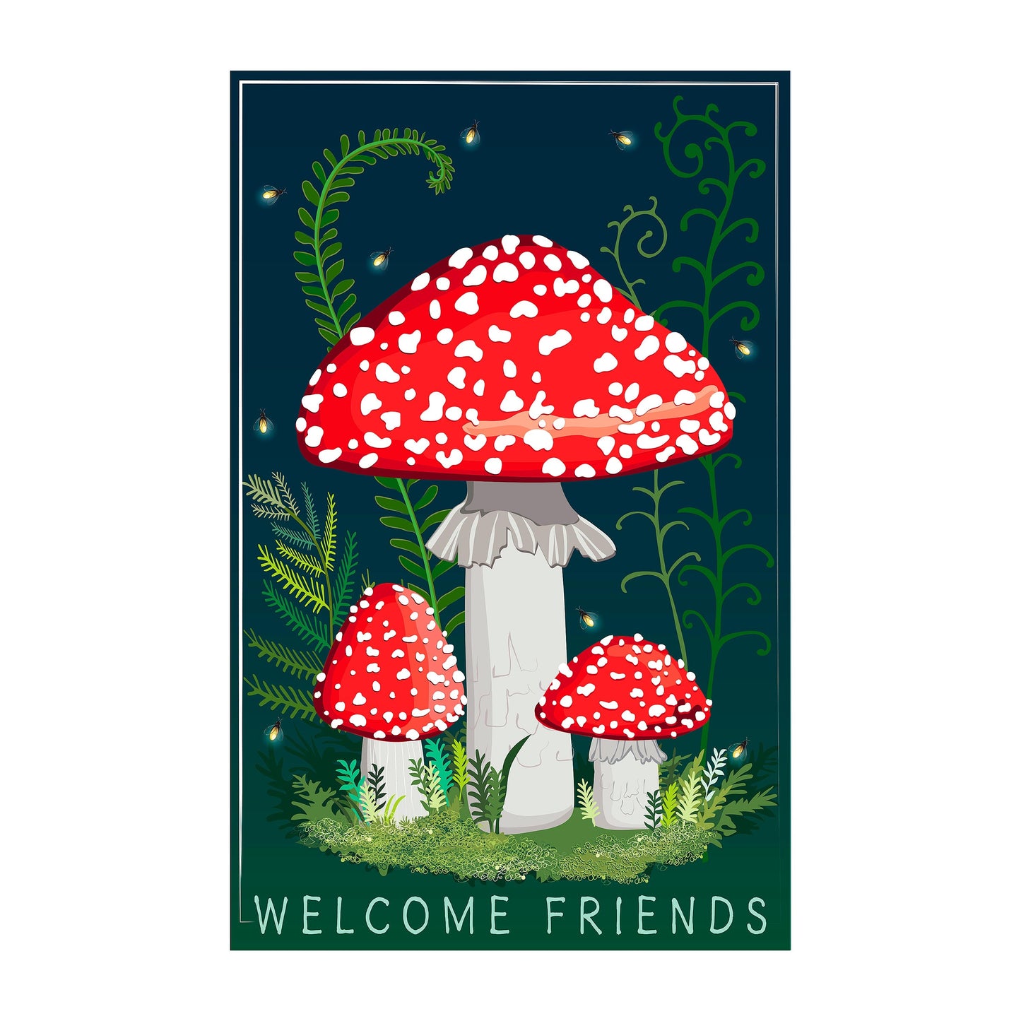 Welcome Friends Mushroom Applique Garden Flag with red white mushrooms on dark blue on Tampa Home & Garden Store