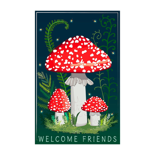 Welcome Friends Mushroom Applique Garden Flag with red white mushrooms on dark blue on Tampa Home & Garden Store
