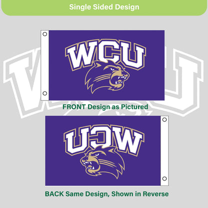 Western Carolina Univ 3x5 sublimated flag with 2 grommets; purple field WCU logo Evergreen on Tampa Home & Garden Store