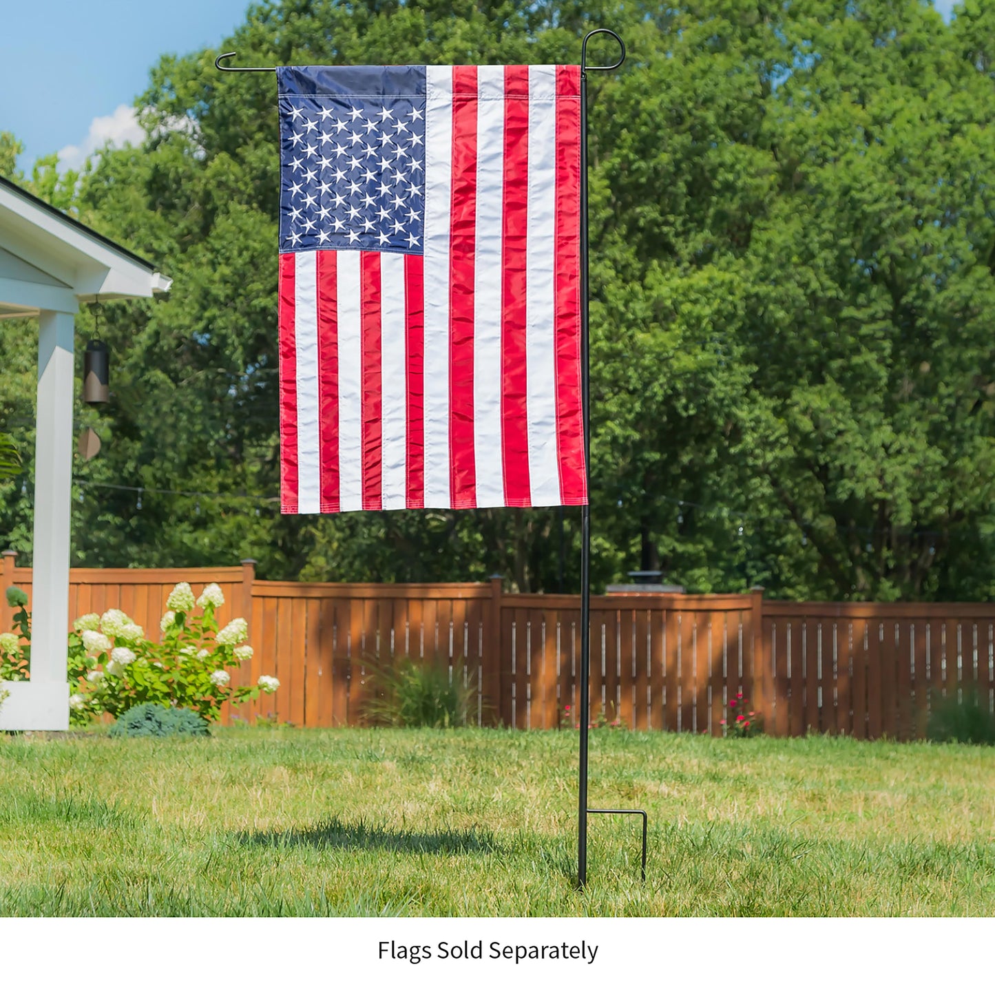 Iron House Flag Stand with American flag, black iron pole by Evergreen Enterprises on Tampa Home & Garden Store